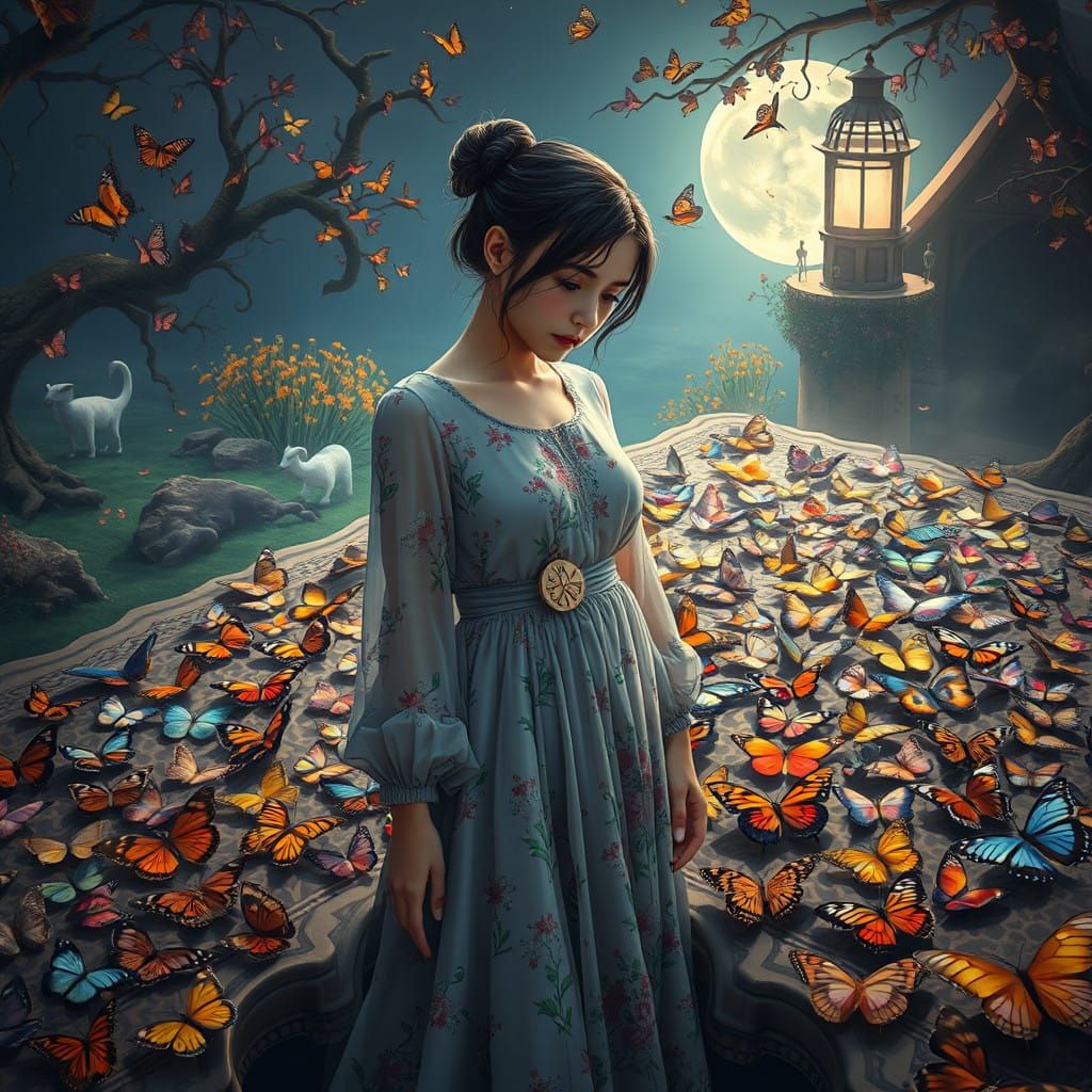 Young Woman Surrounded by Dead Butterflies in Whimsical Moon...