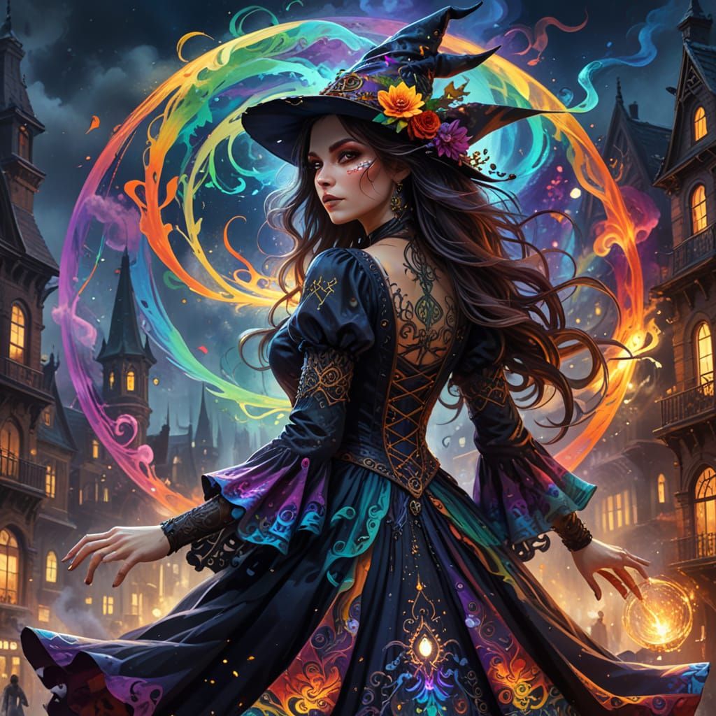 Witch in Rainbow Dress in Night City Concept Art