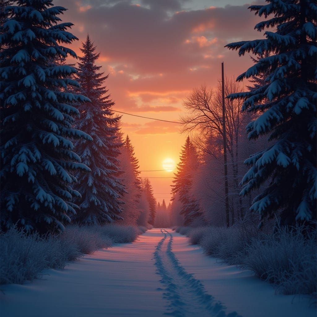 Surreal Winter Sunset Illuminates the Snowy Horizon in Vibra...