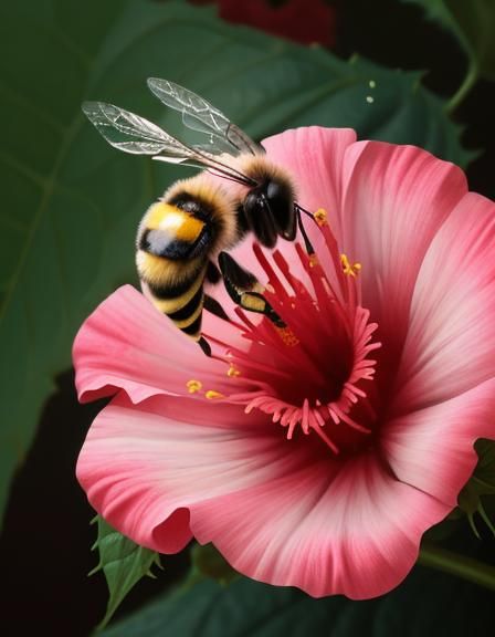Bee on Red Hibiscus Flower