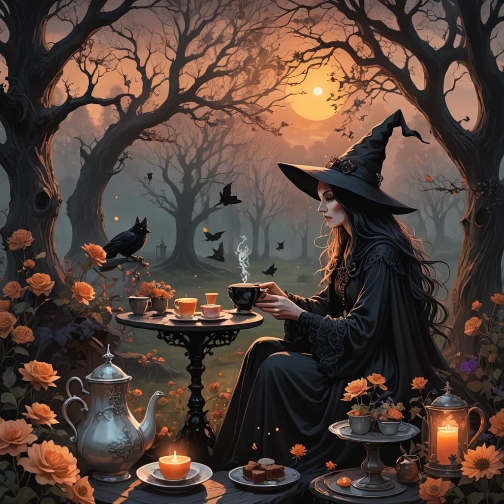 Witch at Sunrise in Surreal Dark Fantasy Style