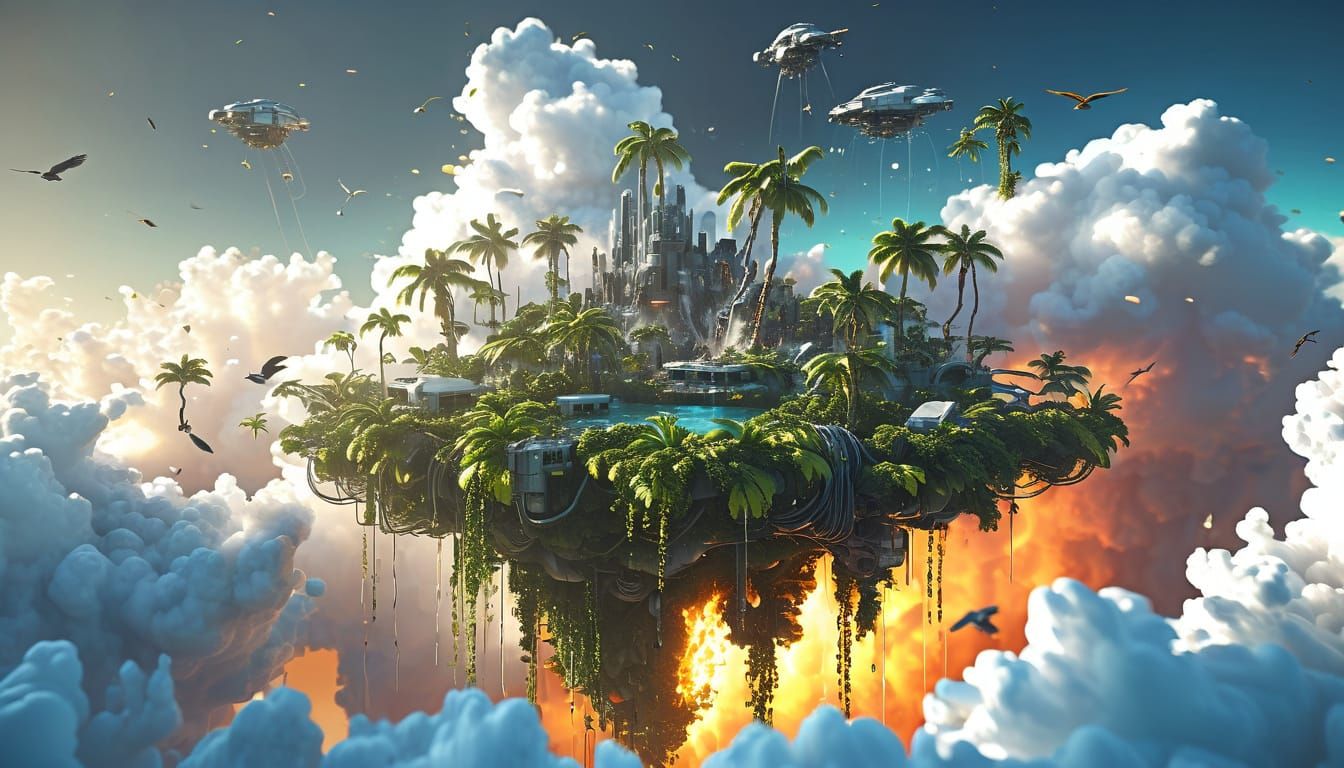 closeup of huge vast hyperdetailed floating tropical island ...