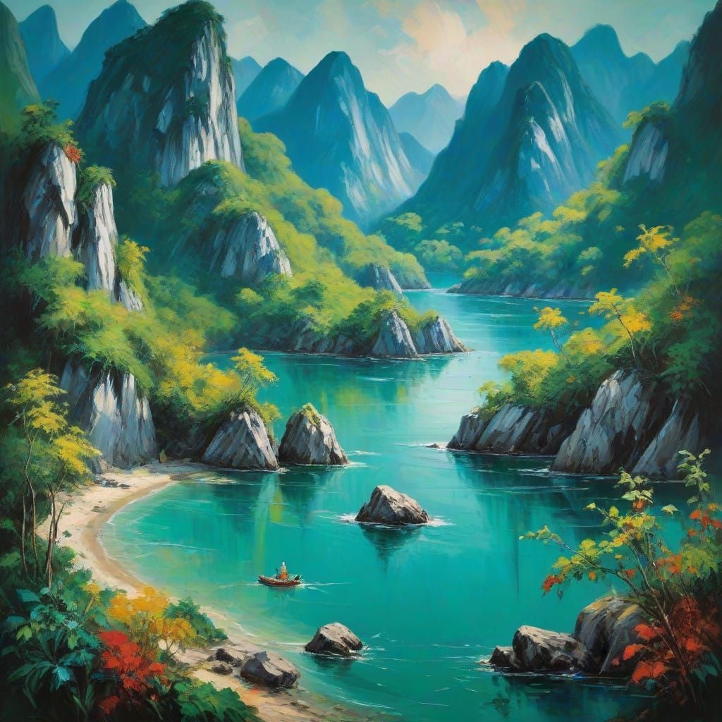 Vibrant Hạ Long Bay Oil Painting