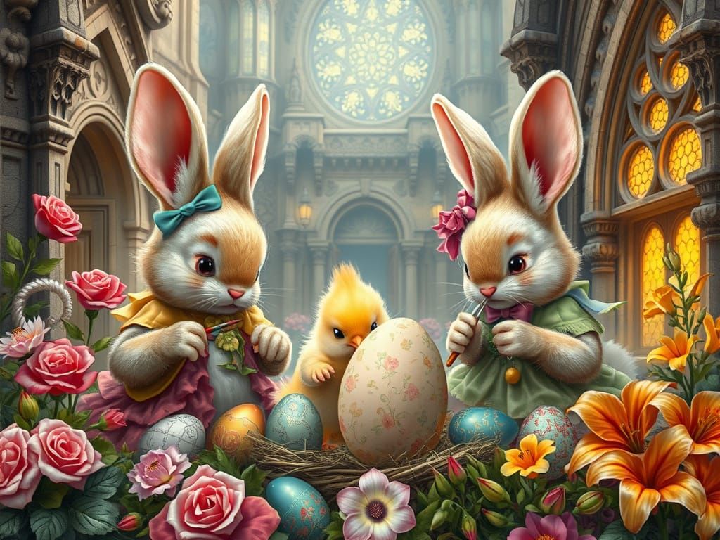 Easter Bunnies Painting Eggs in Dreamlike Garden