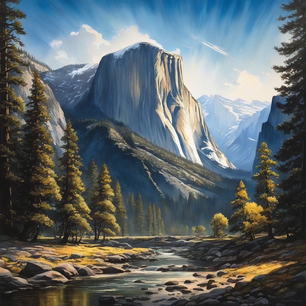 Cosmic Yosemite Valley Scene in Art Deco Style