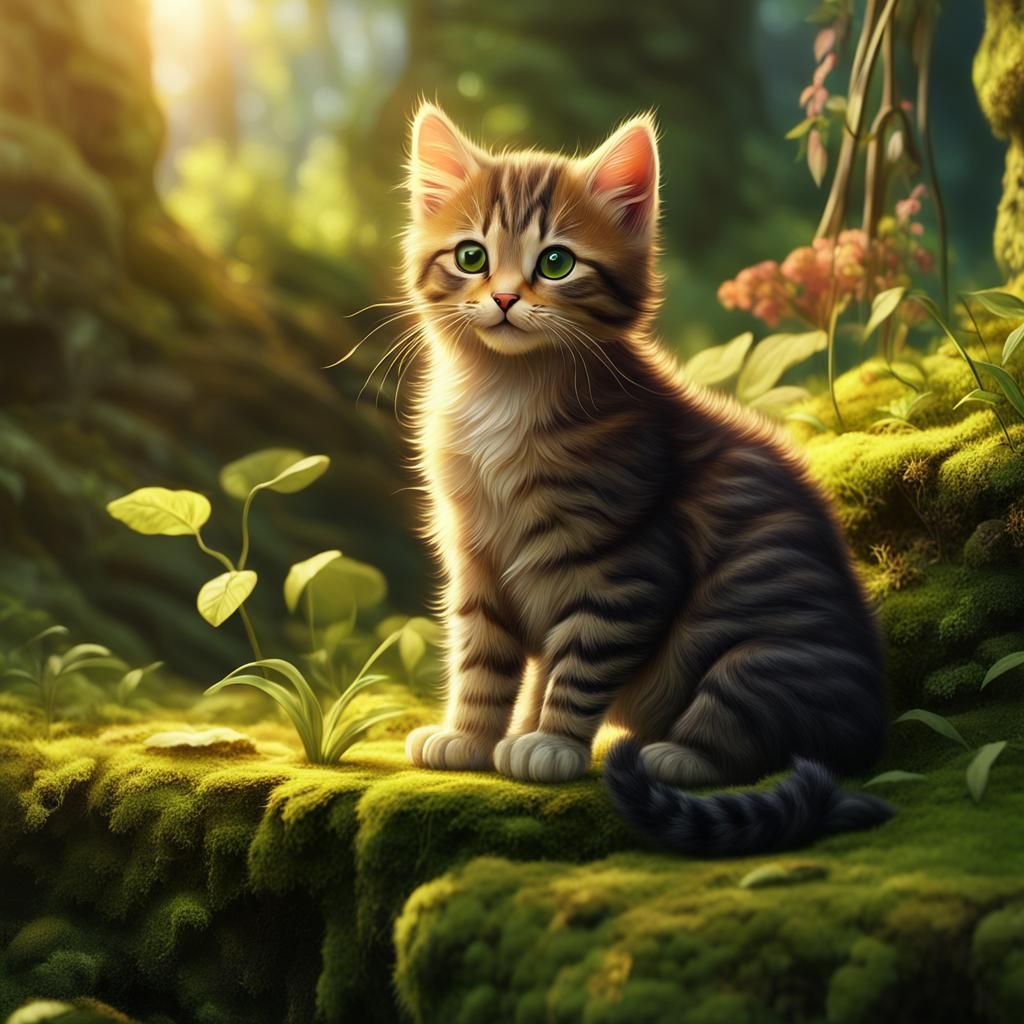 Kitten in Lush Garden: Detailed Matte Painting