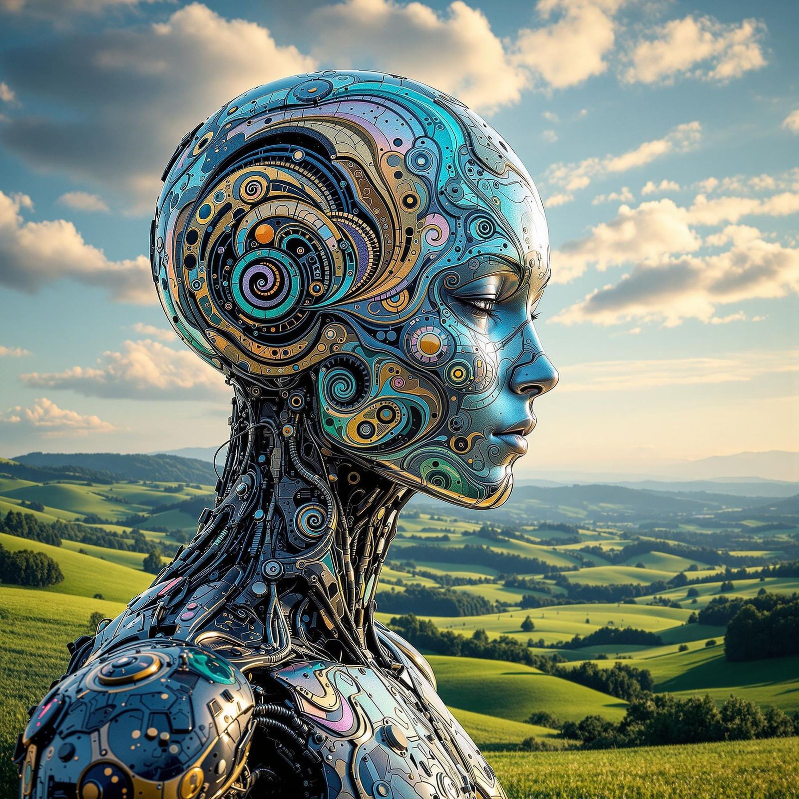Biomechanical Figure in Serene Landscape, Zentanglepunk Styl...