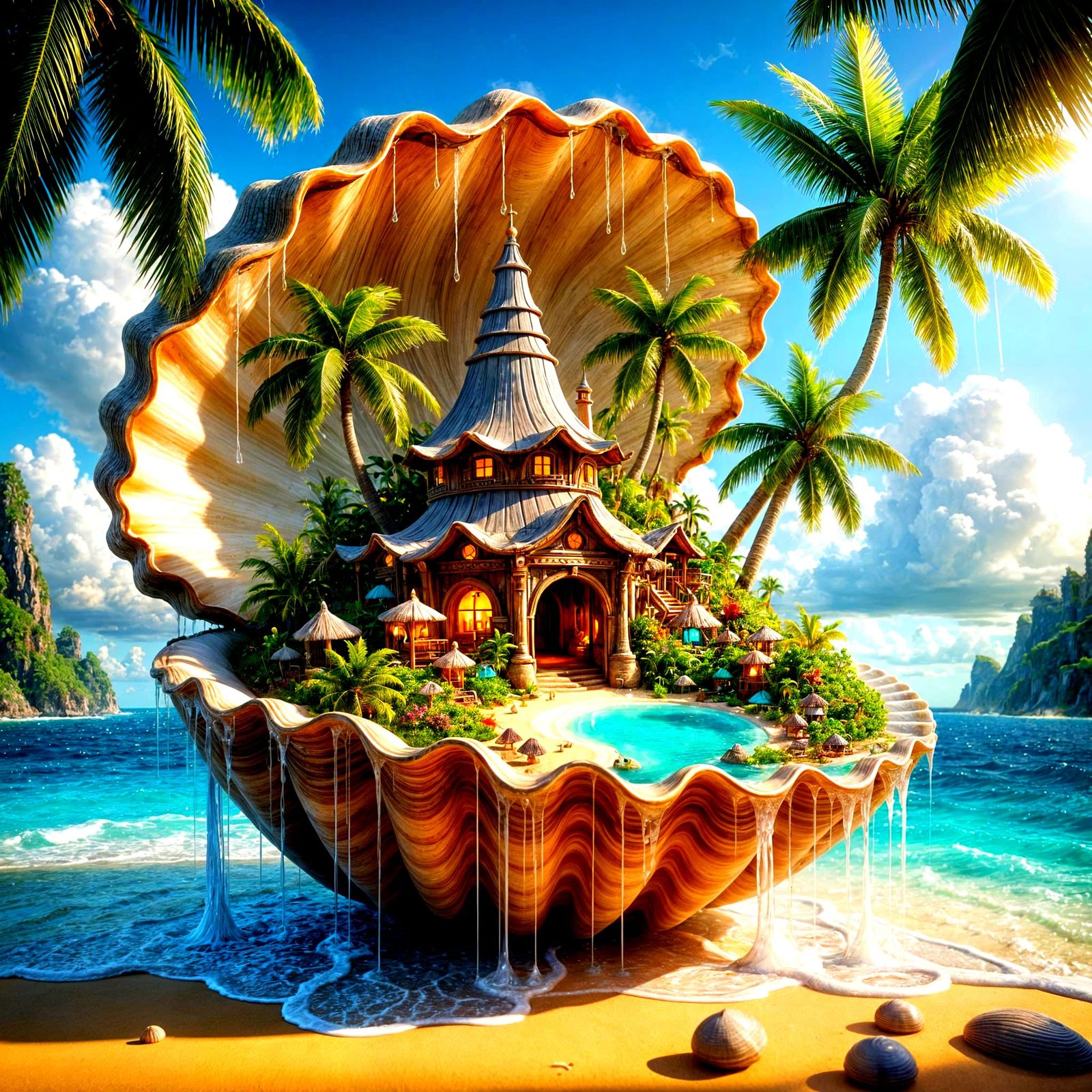 Miniature Town Inside a Seashell on Tropical Beach