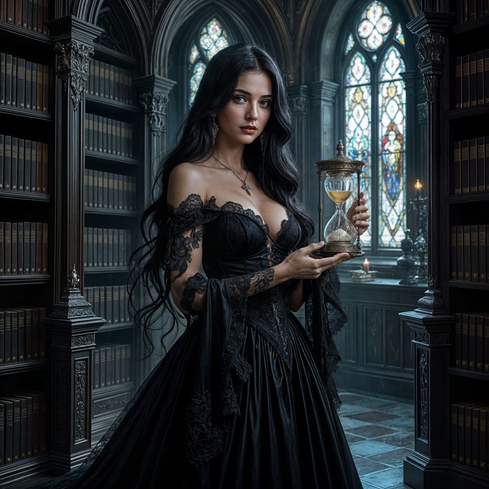 Gothic Woman in Library, Oil Painting Style