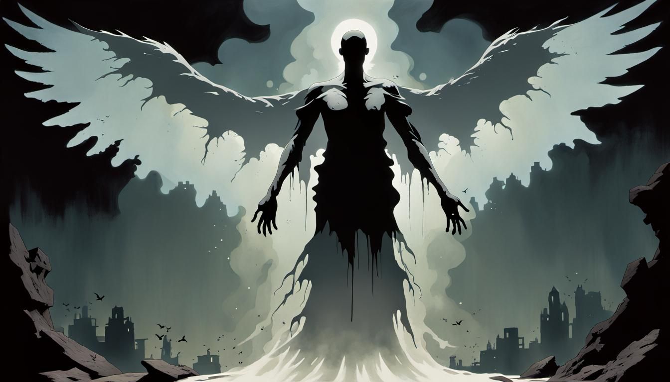 Ethereal Figure Soaring on Shadow Wings