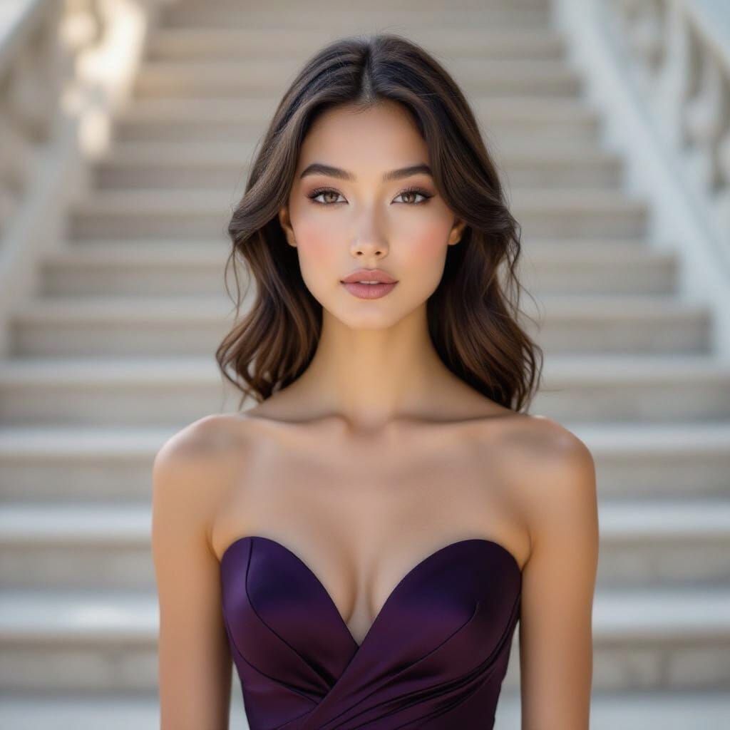 Regal Girl in Purple Gown at Stone Staircase
