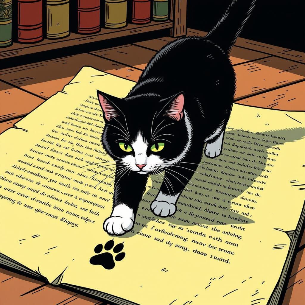 Black and White Cat on Ancient Manuscript in Comic Art