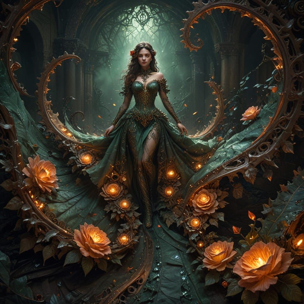 Enigmatic Woman Emerges from Gothic Parchment in Hyper-Reali...