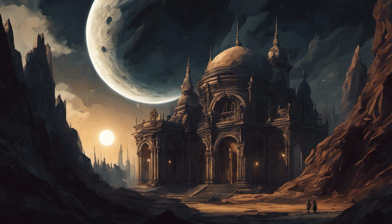 Renaissance Explorers on Moon in Dark Fantasy Style