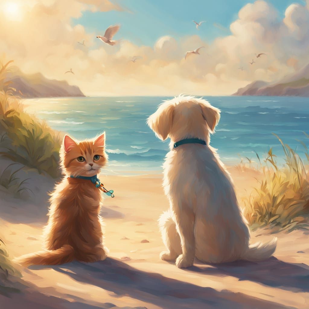 Whimsical Beachside Friendship in Vibrant Oil Painting