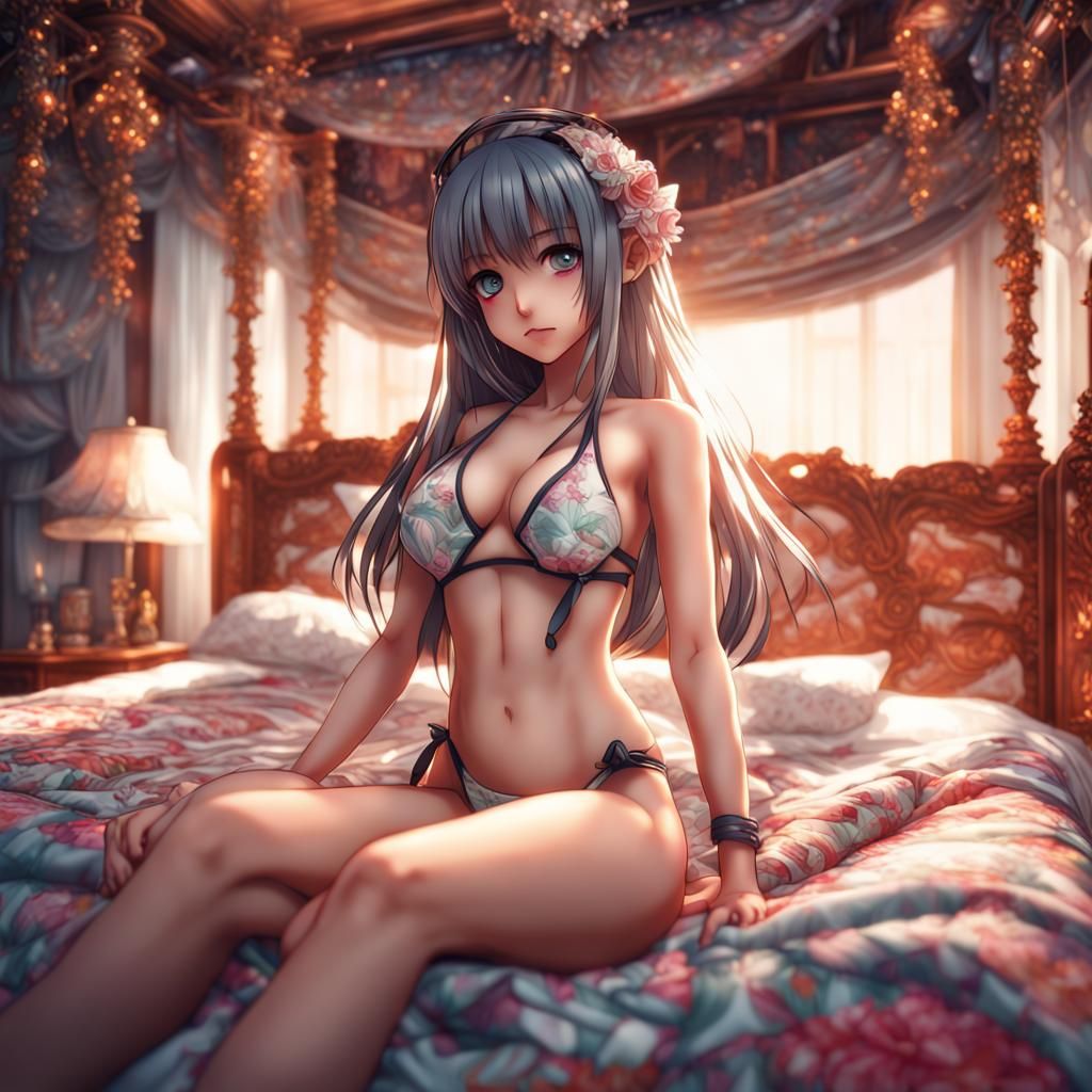 Cute Anime Girl on Ornate Bed: Hyperrealistic
