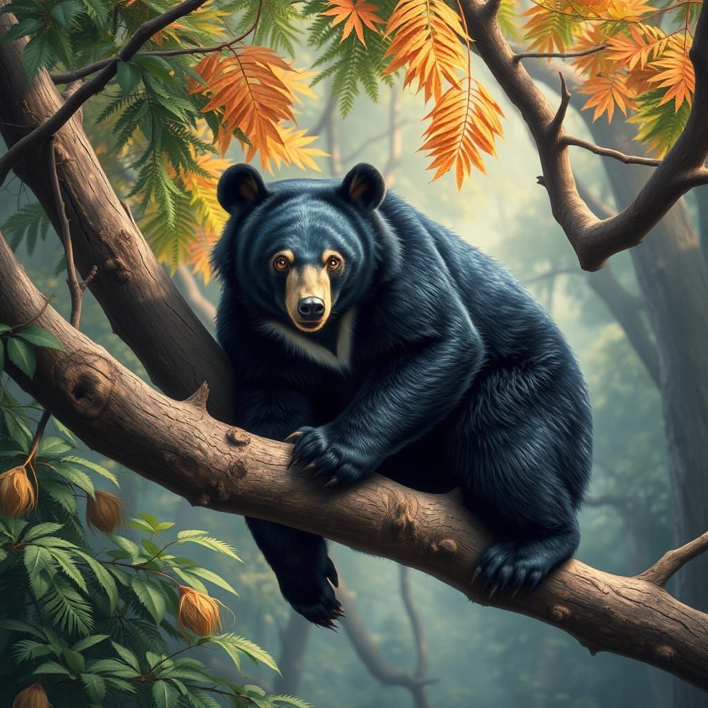 Moon Bear on Tree Branch in Lush Forest