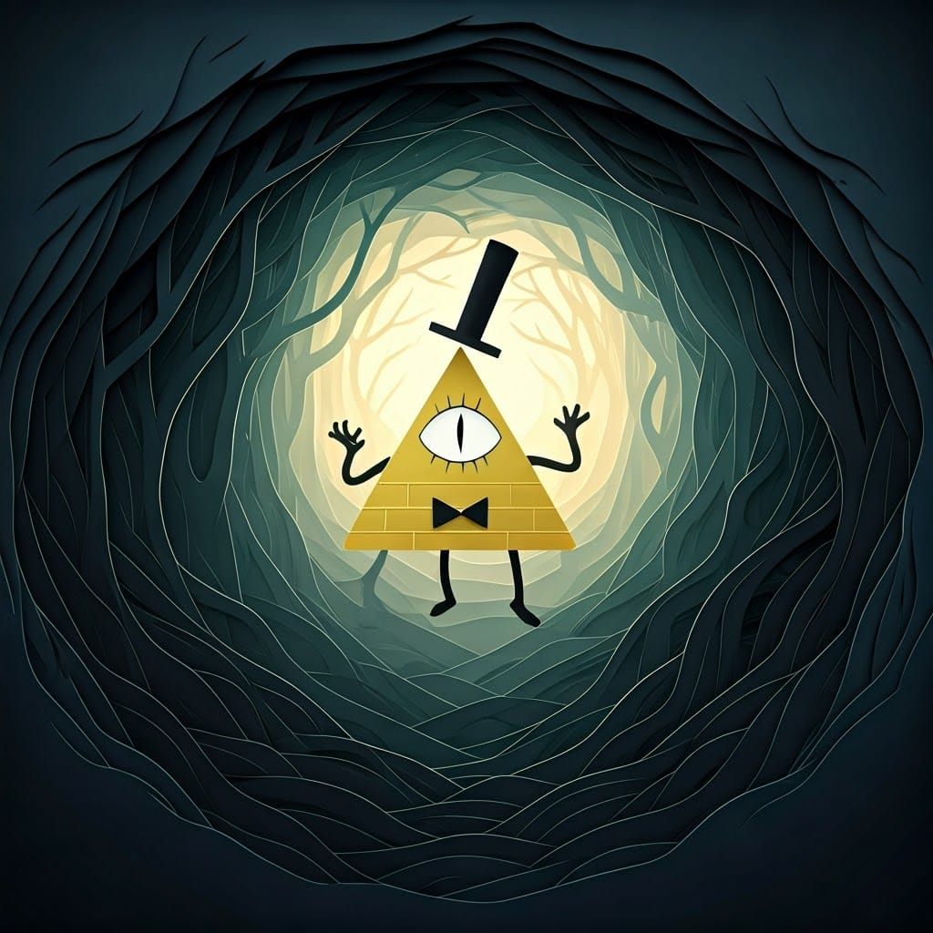 Bill Cipher Papercraft in Mystical Forest Landscape