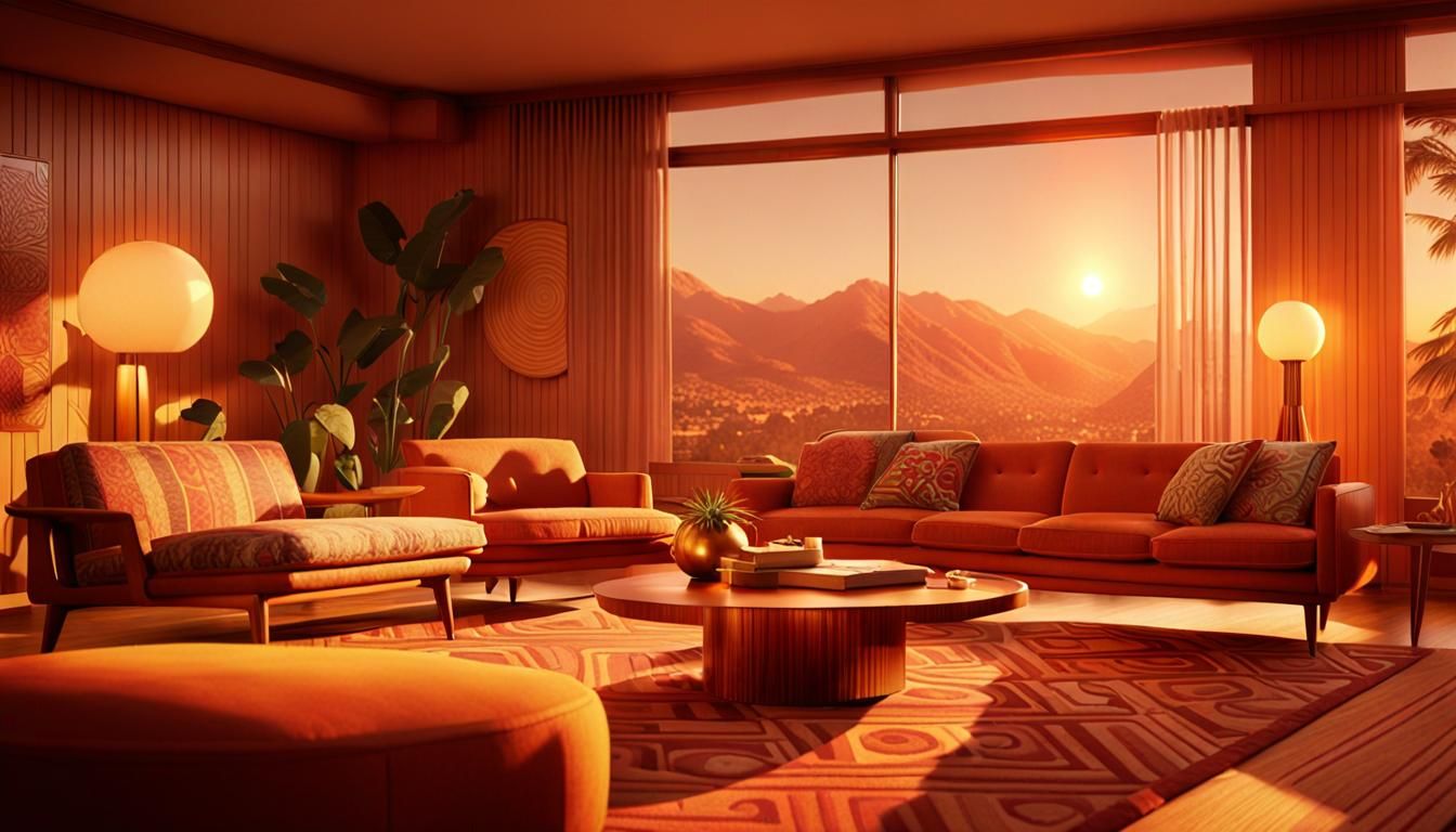 Luxurious Midcentury Living Room in Golden Hour Light