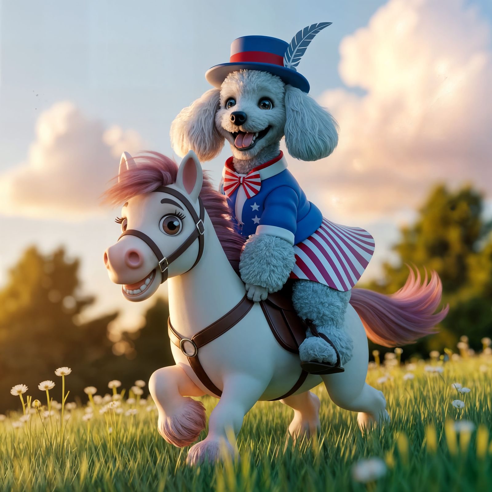 Joyful CGI Poodle Rides Patriot Pony in Sunny Meadow