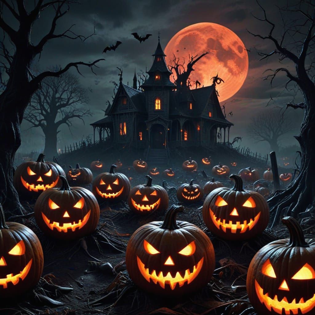 Surreal Horror Art: Ominous Pumpkins Under Blood Moon