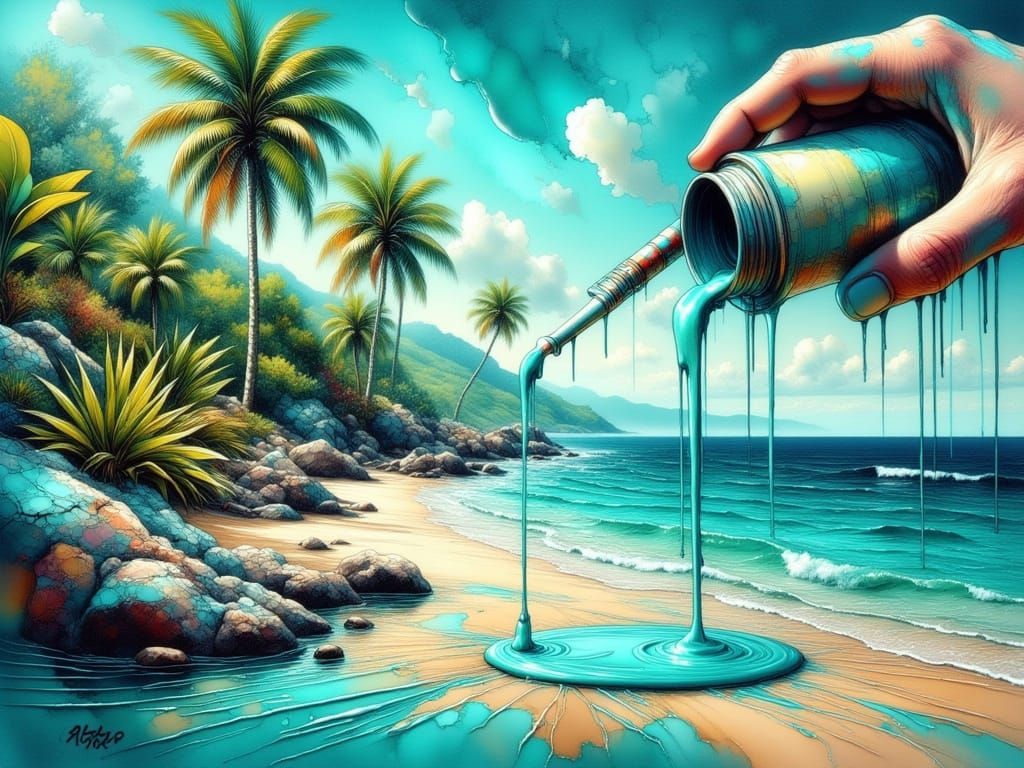 Surreal Teal Beach Scene with 3D Liquid Pour Effect
