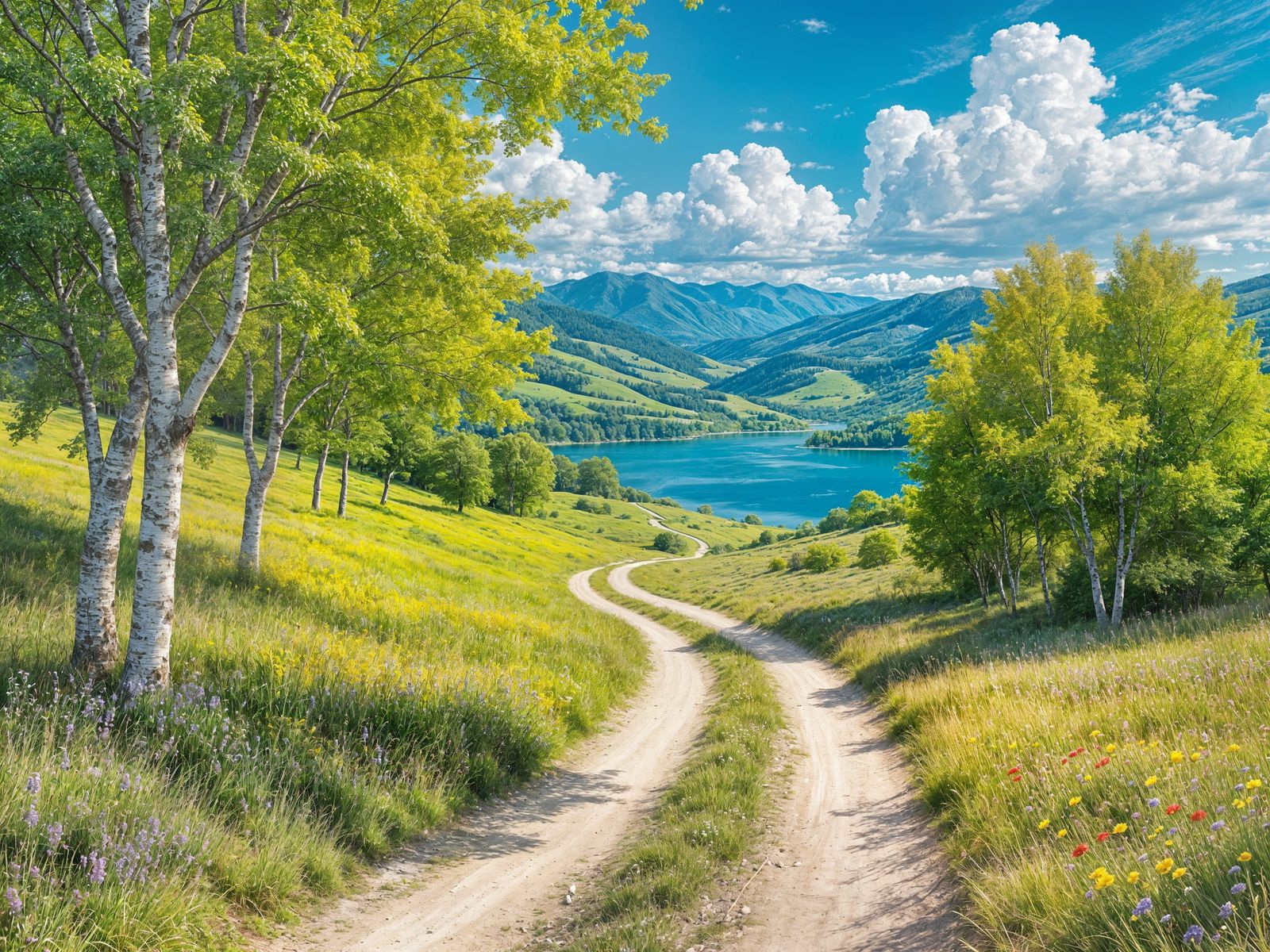Serene Landscape with Winding Dirt Road and Tranquil Lake
