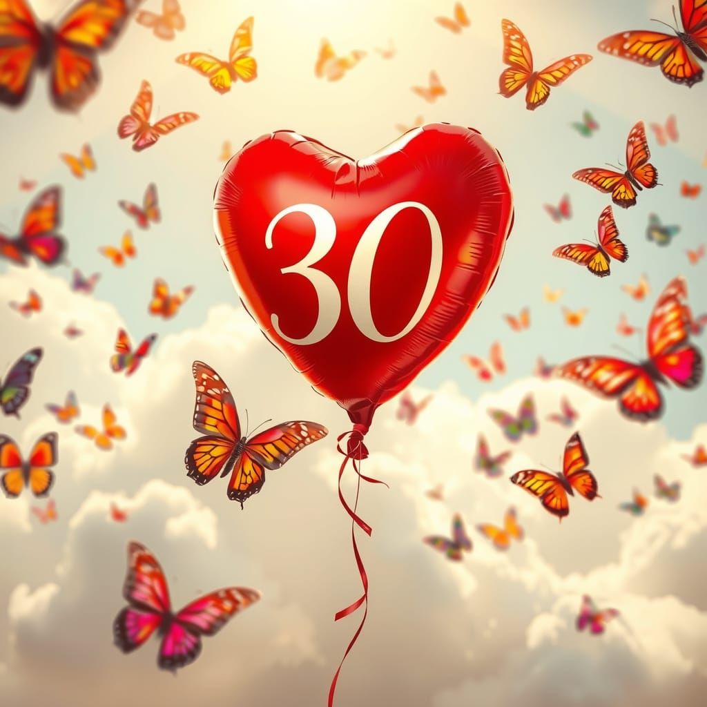 Crimson Heart Balloon Amidst Whimsical Butterflies in Heaven...