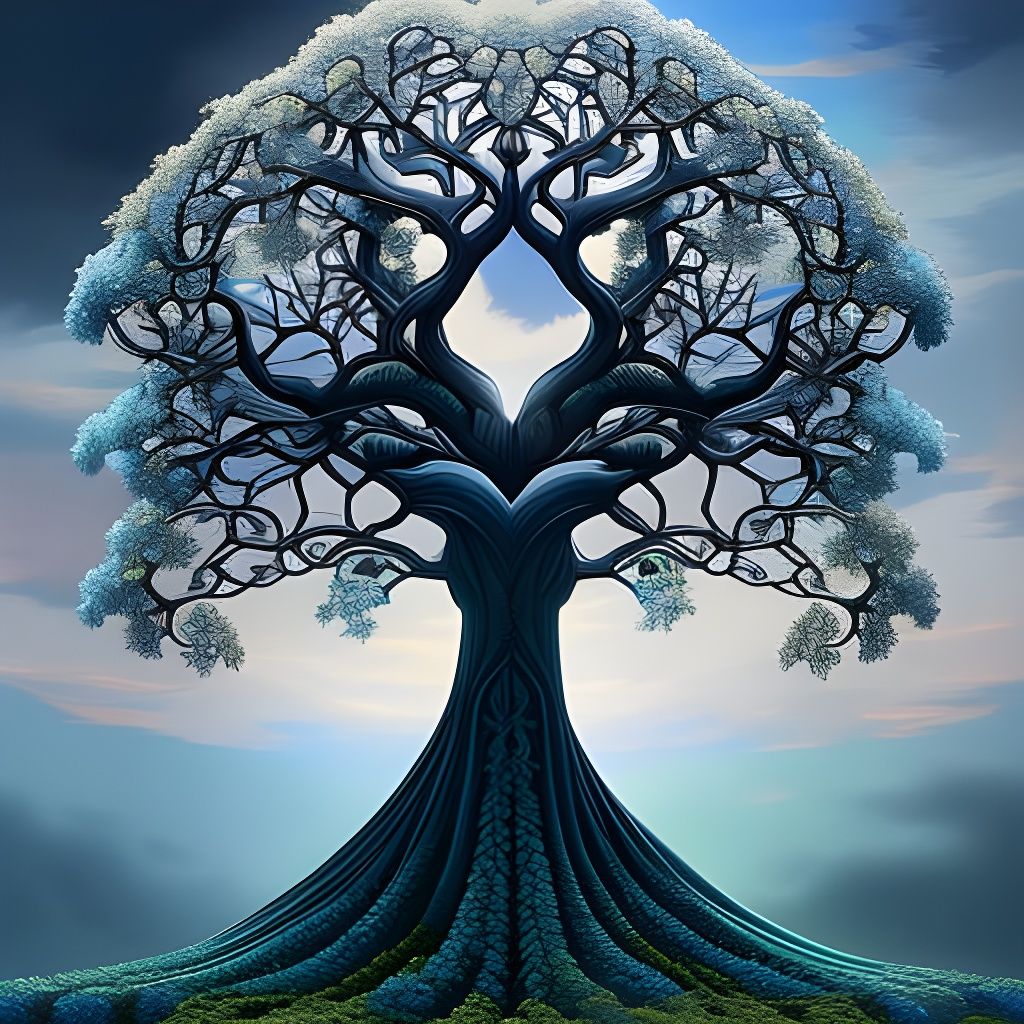 Intricate Blue Floral Tree of Life in Fantasy Style