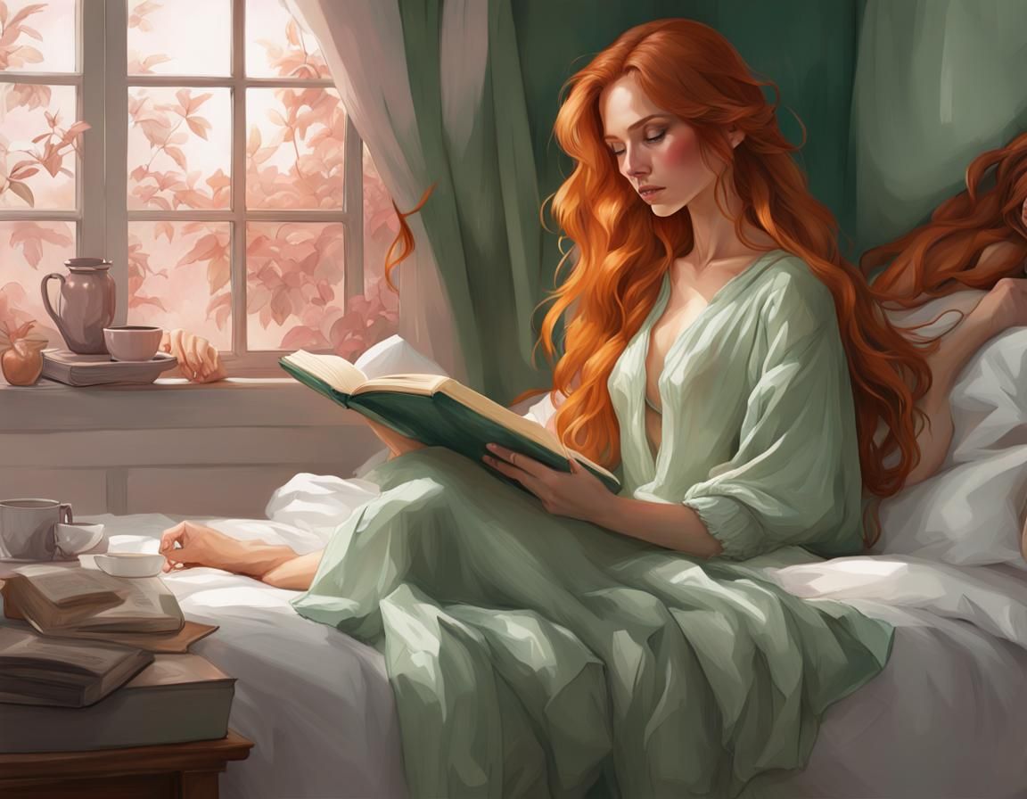 Ginger Haired Woman Reading in Bed, Fantasy Art