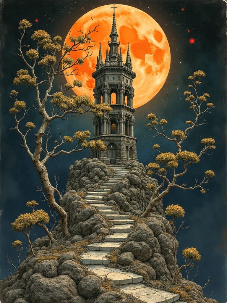 Ethereal Gothic Dreamscape with Orange Moon