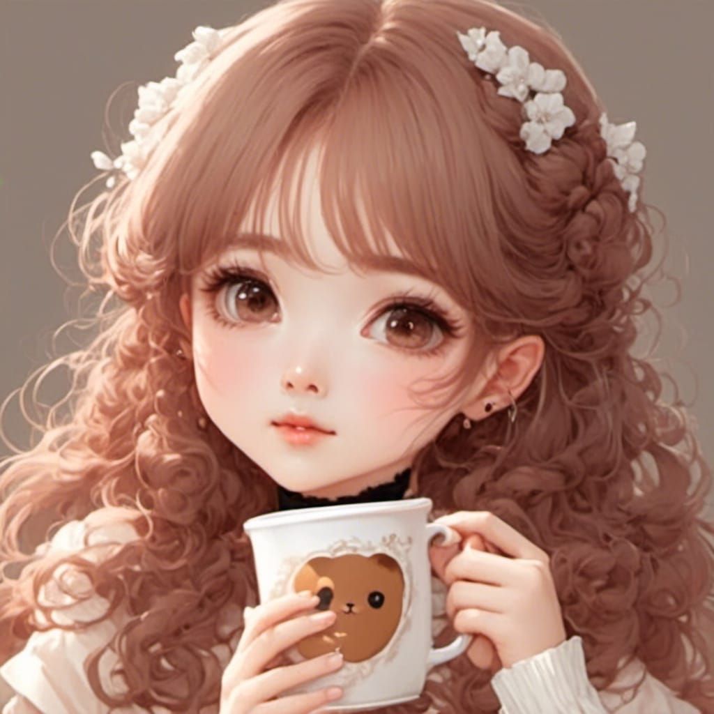 Kawaii Girl with Coffee Mug in Cartoon Style