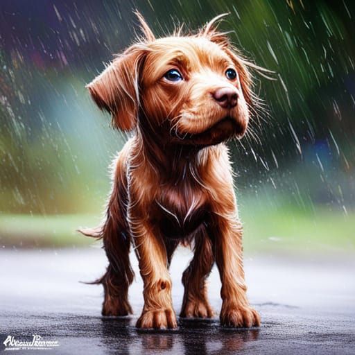 Adorable Puppy in Rain: Hyperreal Splash Art