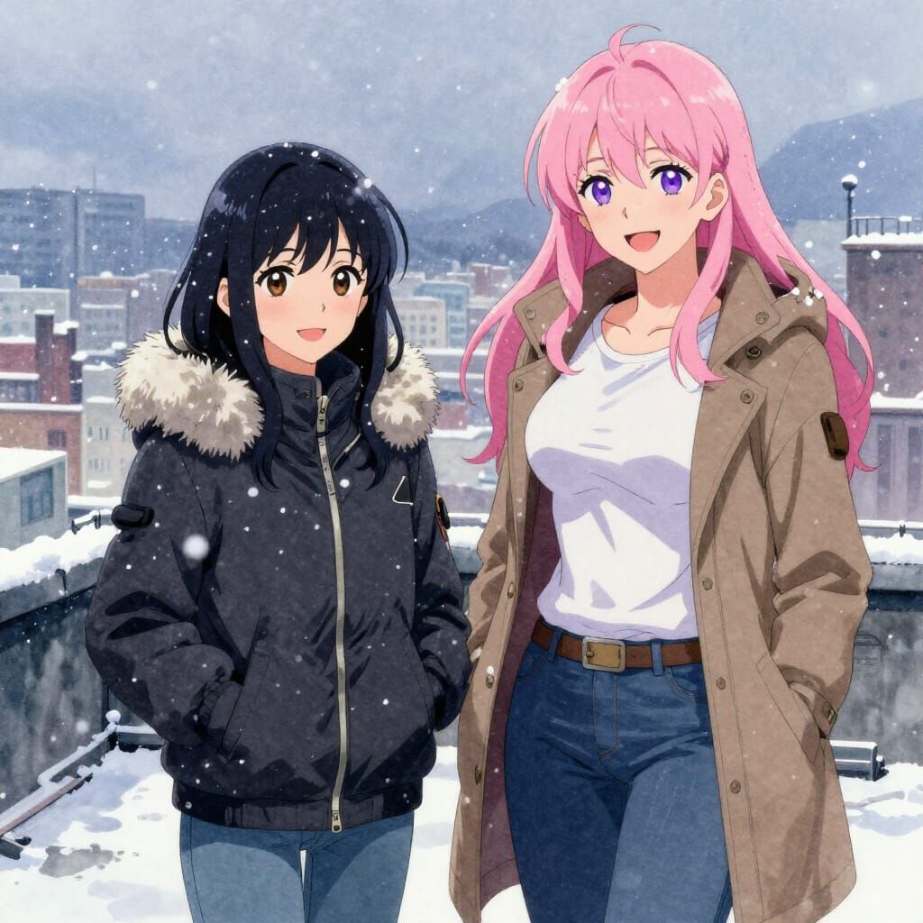 Two Women Enjoying a Snowy Day on a Rooftop