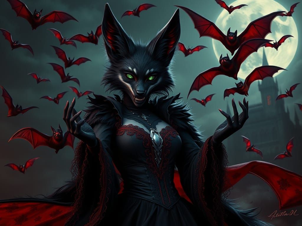 Gothic Vampire Fox Goddess in a Whirlwind of Crimson Bats
