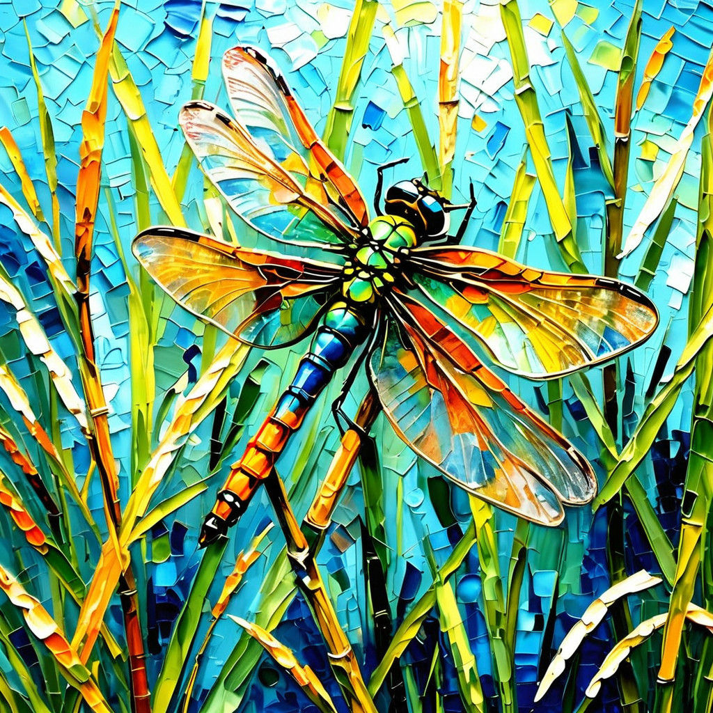 Colorful Dragonfly on Reed as Impasto Painting