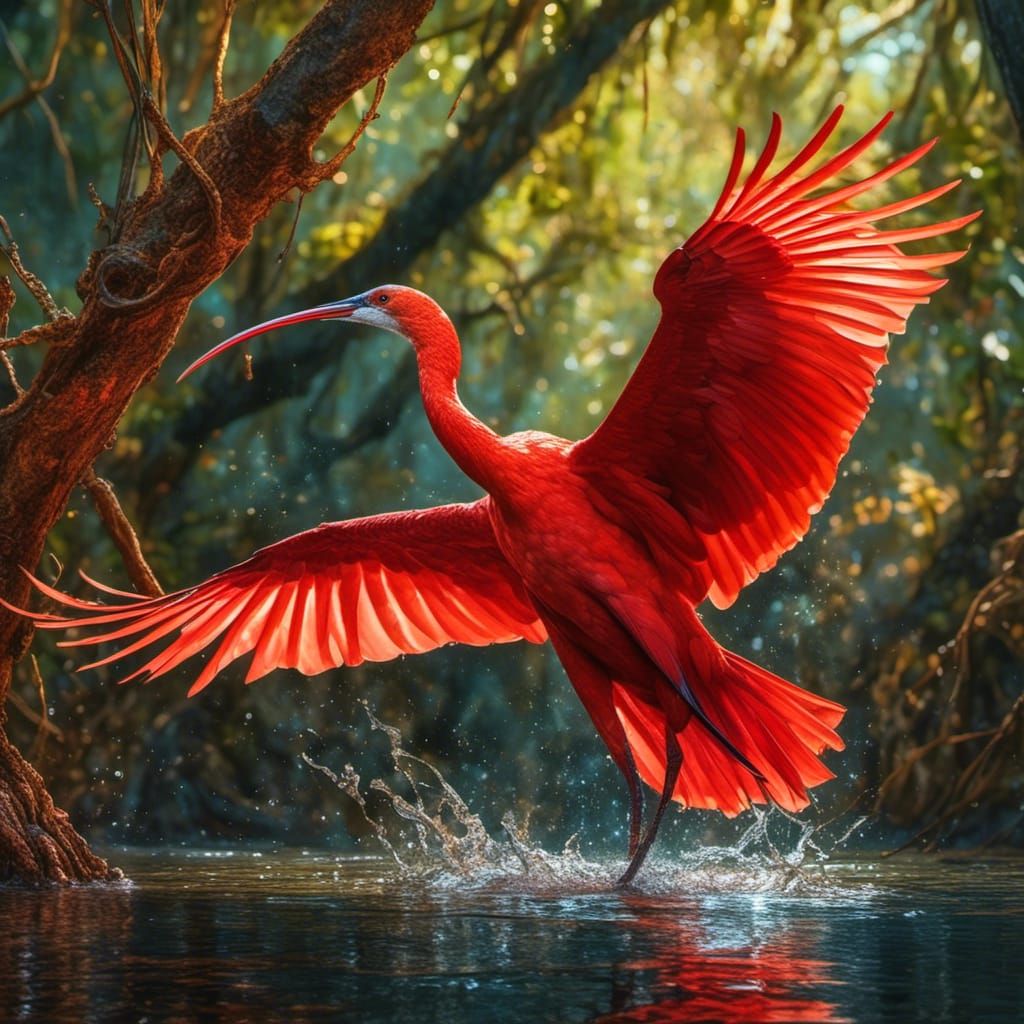 majestic scarlet ibis in fight landing in beautiful mangrove swamp.
