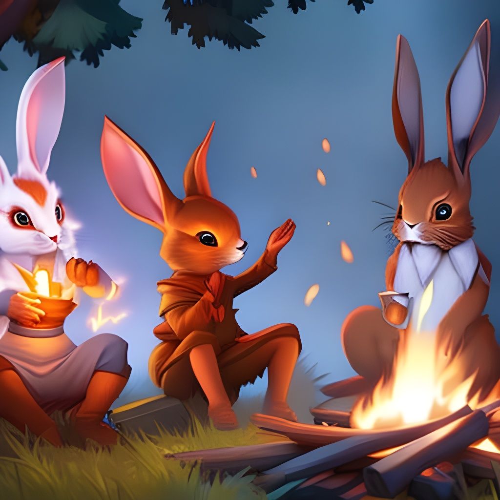 Chibi Rabbit Campfire Scene in Hyperdetailed Digital Art