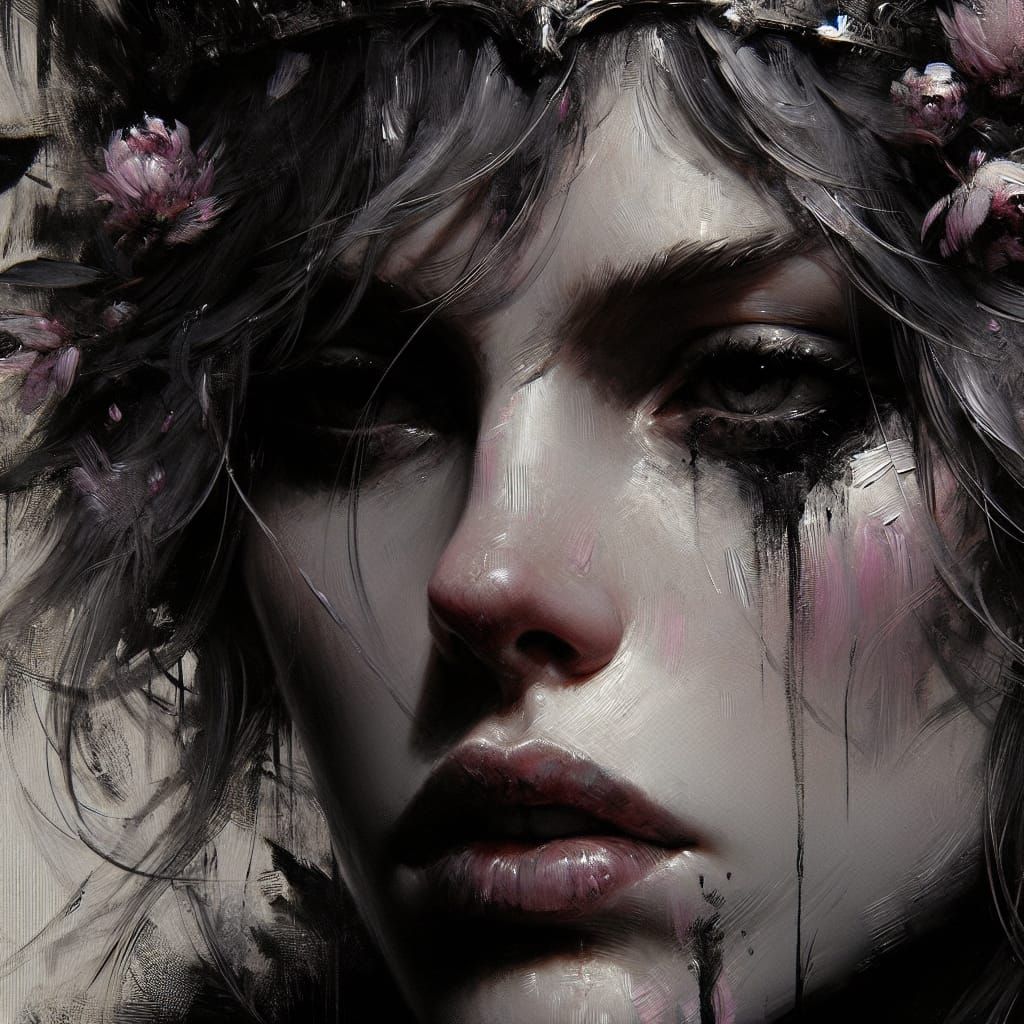 Moody Portrait of Woman with Crown and Flowers