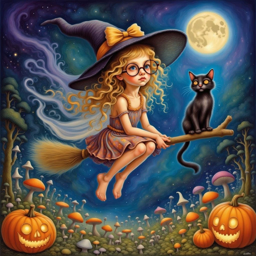 Young Witch and Cat Flying Through Starry Sky