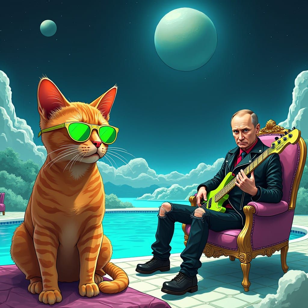 Vibrant Orange Tabby Cat in Retro Shades by Futuristic Pool...