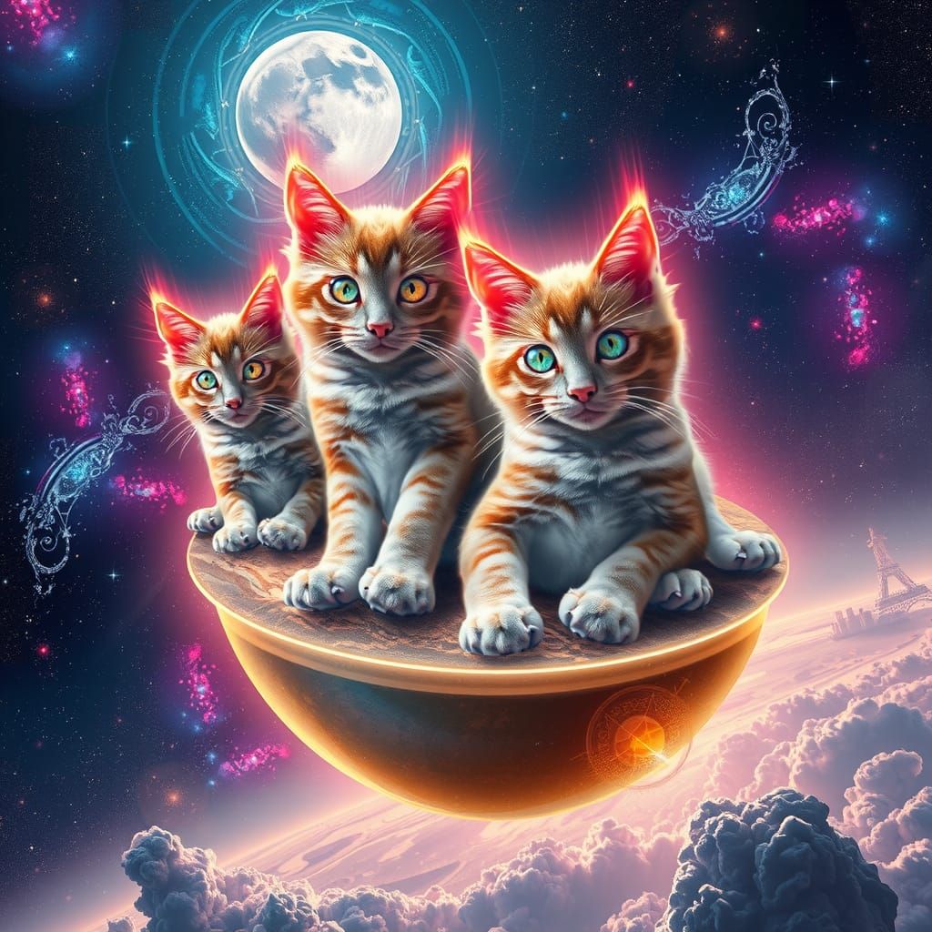 Cosmic Cats in Surreal Astral Landscape