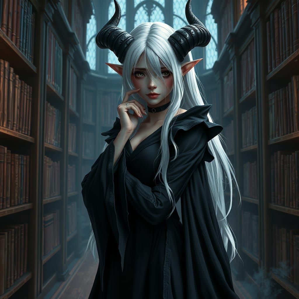 Crying Elf Maiden in Library, Detailed Matte Painting