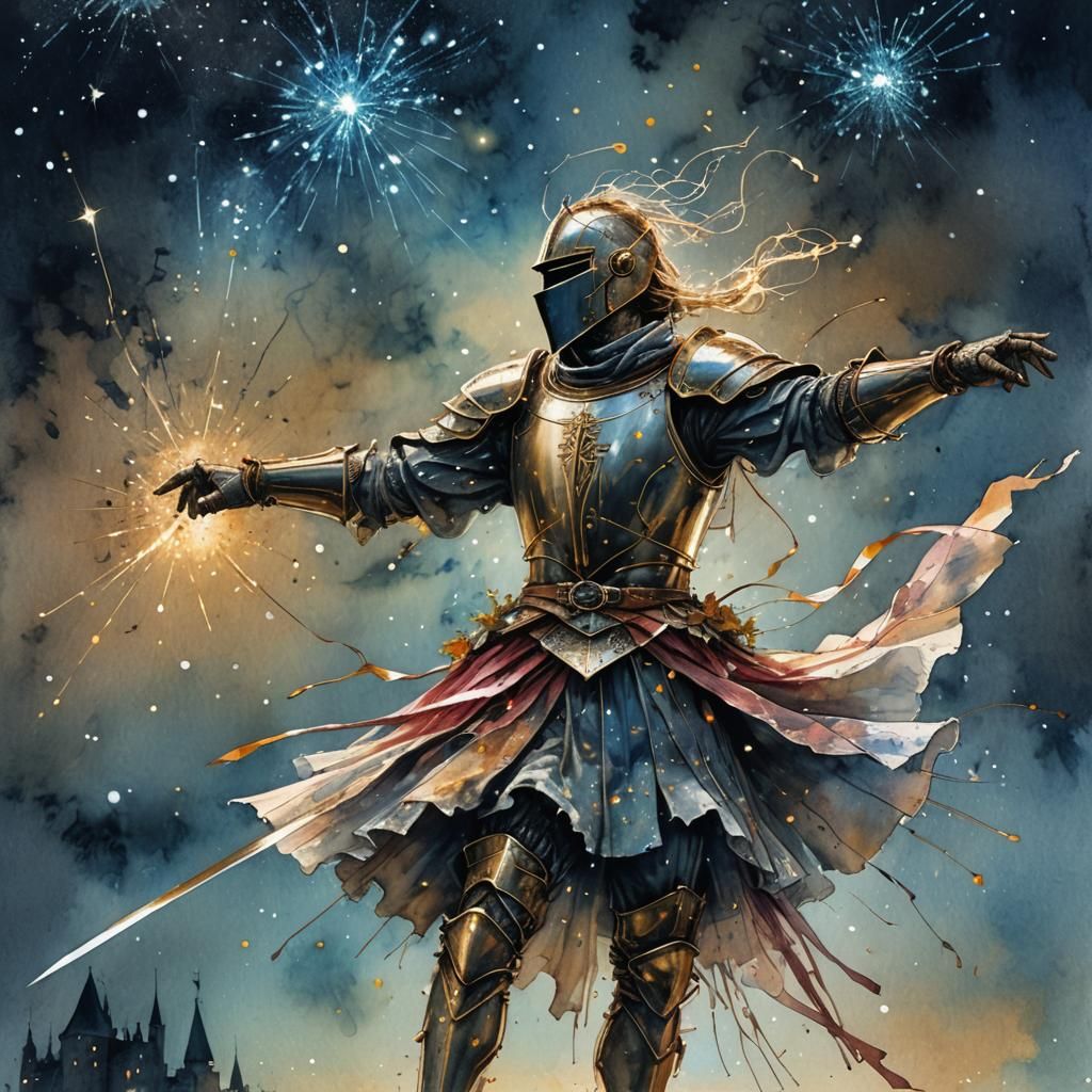 Armored Knight Ballerina Dancing Watercolor Under Stars