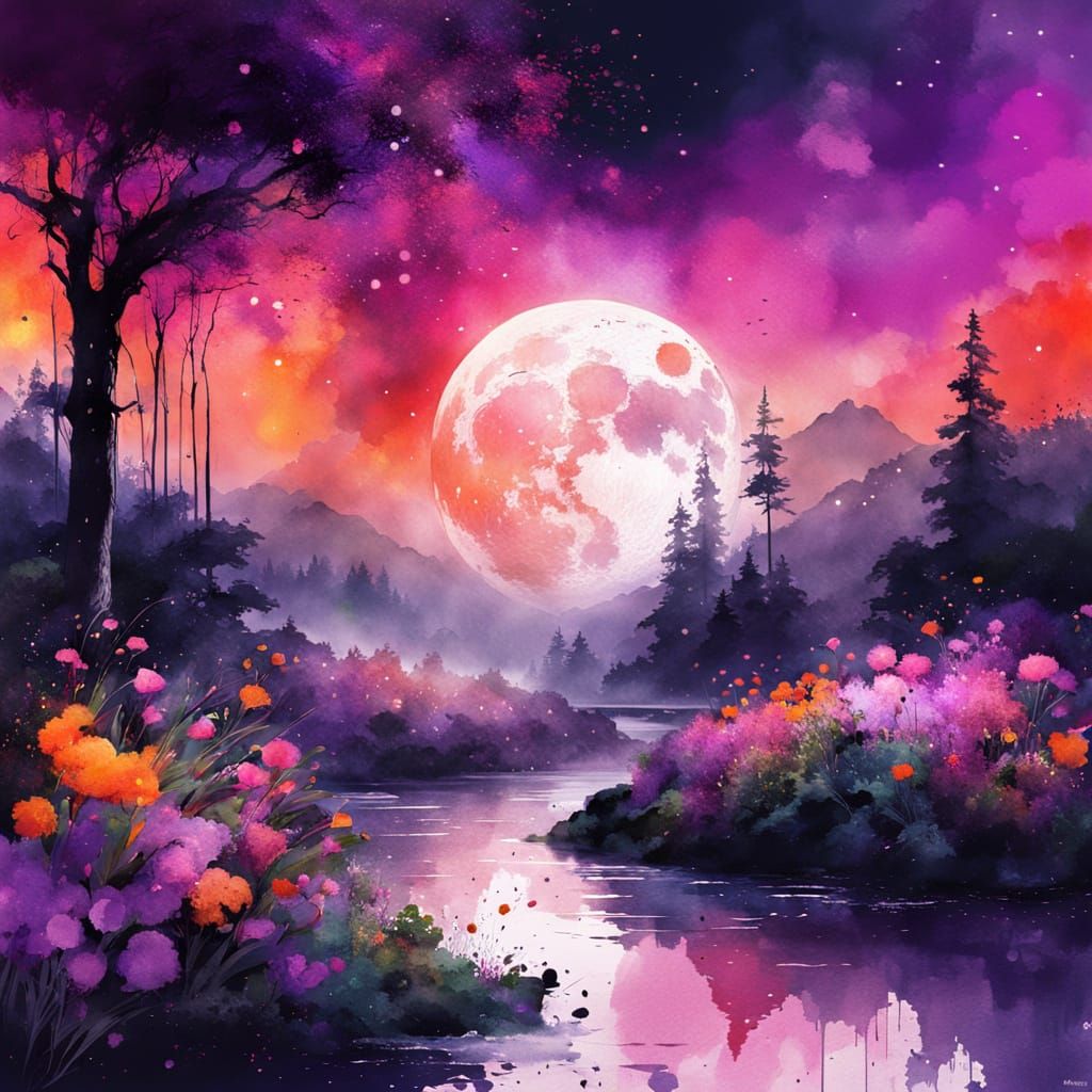 Moonlit Summerscape in Vibrant Watercolor