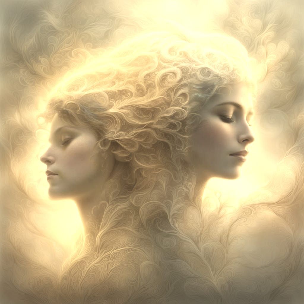 Ethereal Fantasy: Intertwined Heads in Morning Mist