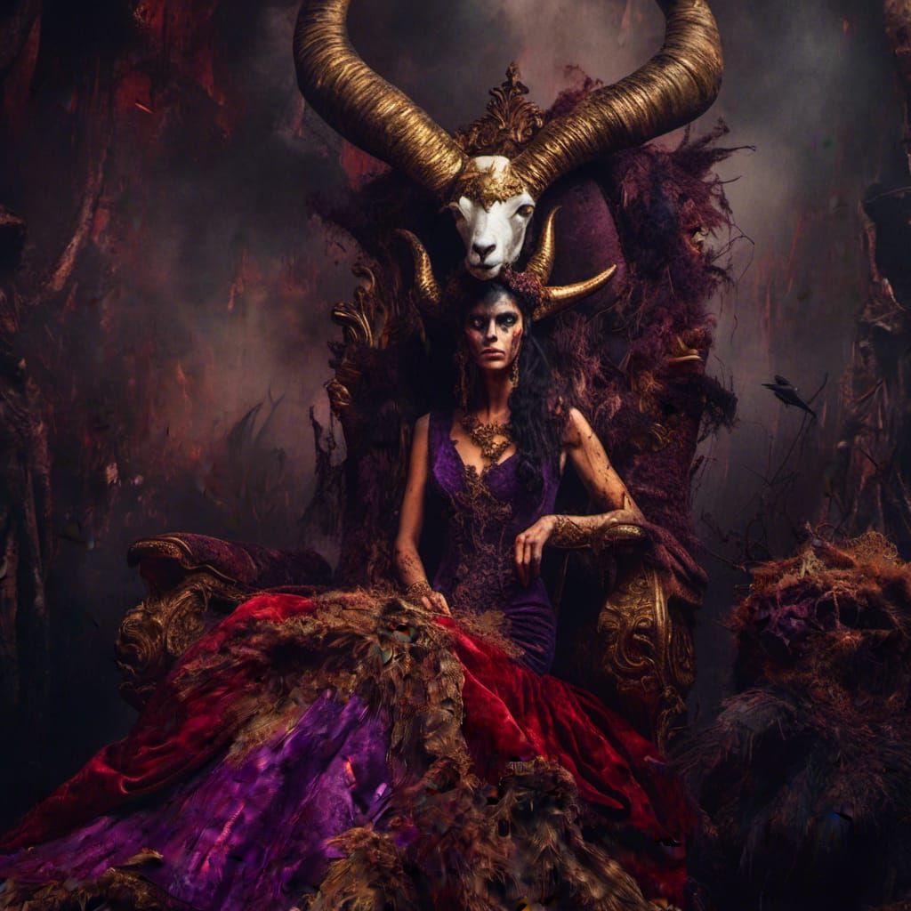Ethereal Brazilian Goddess with Goat Horns in Opulent Velvet...
