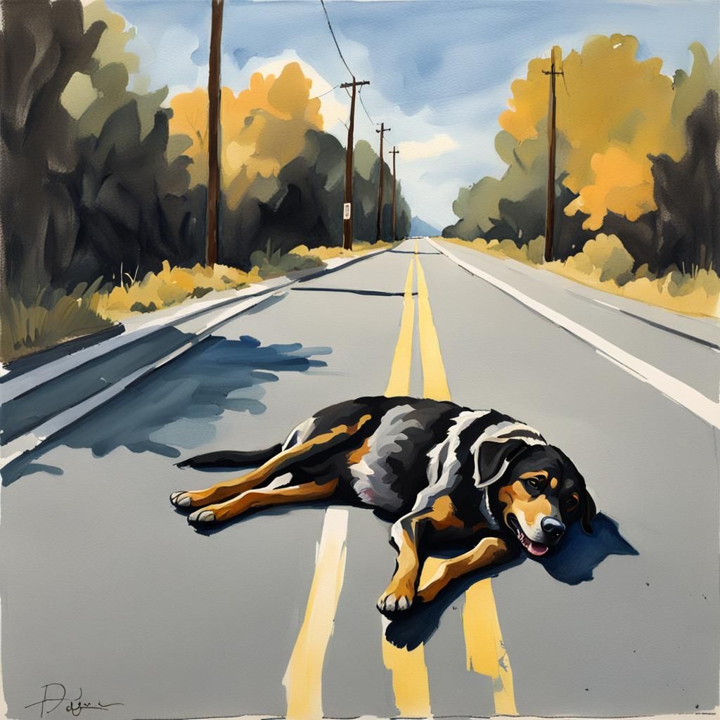 Gouache Painting of a Dead Dog in Road