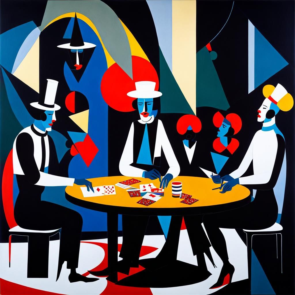 Cubist Clowns Play Cards with Trapeze Artist