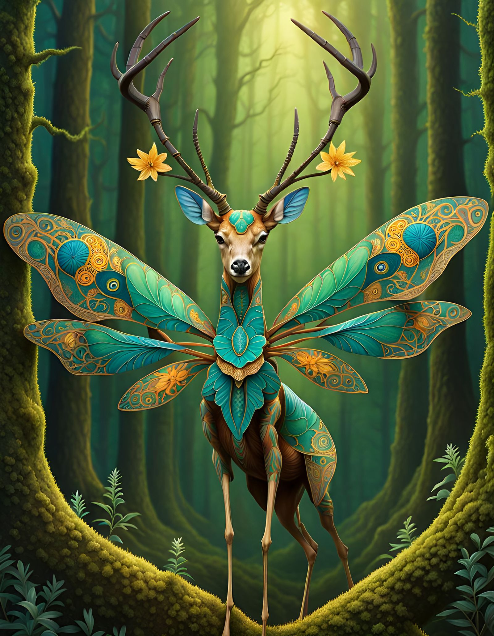 Tattooed Deer-Mantis Hybrid in Mystical Forest